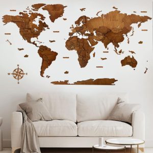 3D Weltkarte aus Holz Walnuss
