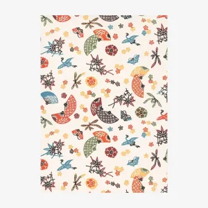 Katazome Shi | Traditional | Motiv Kraniche,Blumen,Zweige,Fächer/bunt