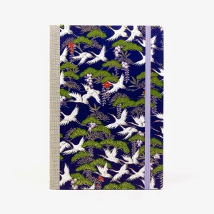 Skizzenbuch | A5 | blanko | 160Seiten | Cover: Chiyogami Papier | Motiv: Kraniche, Kiefern auf blau