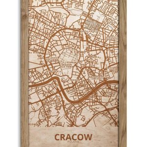 Hölzerne Straßenkarte von Krakau – Stadtplan, in einem Eichenrahmen