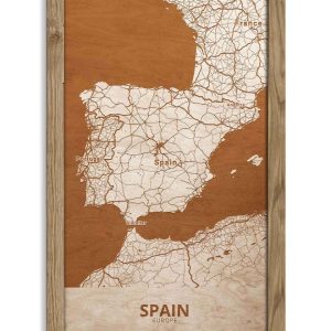 Holzkarte von Spanien, Länderkarte in Eichenholzrahmen