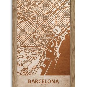 Holzstadtplan von Barcelona – Stadtplan, in einem Eichenholzrahmen